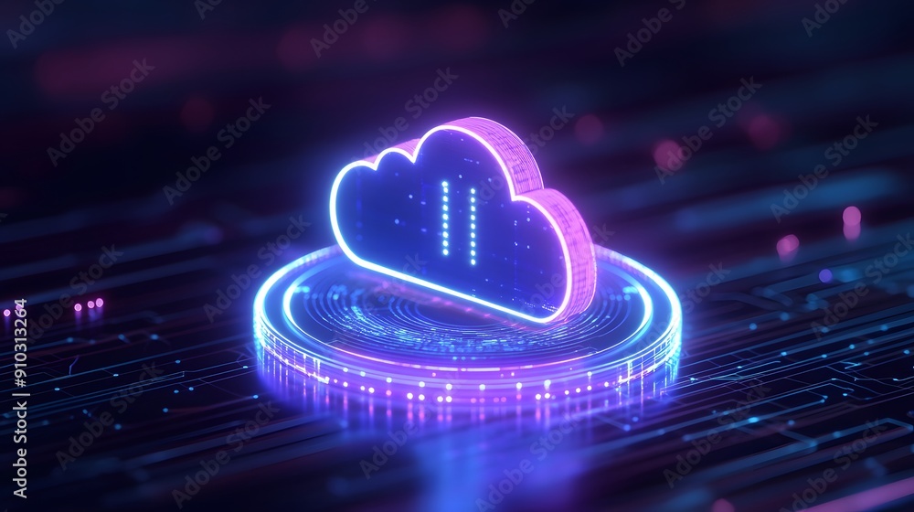 Poster futuristic neon cloud symbolizing data storage and digital technology, glowing on a circuit board, r