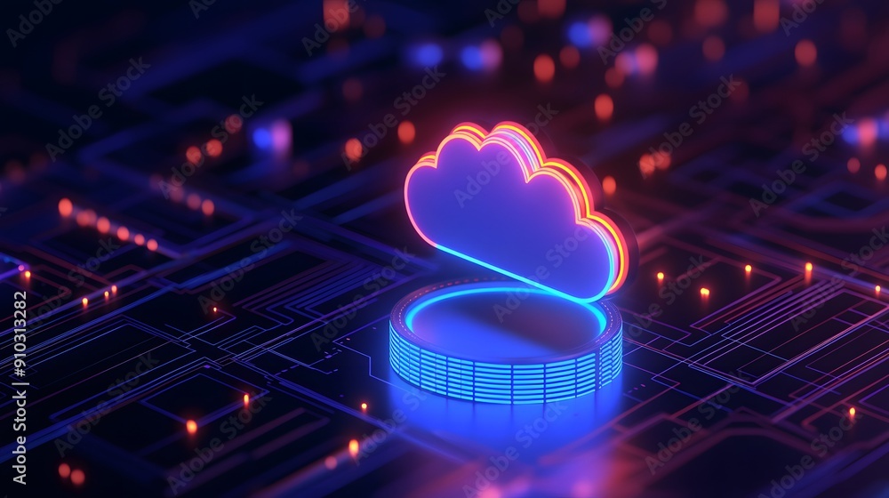 Poster futuristic neon cloud symbolizing data storage and synchronization over a digital network. vibrant, 