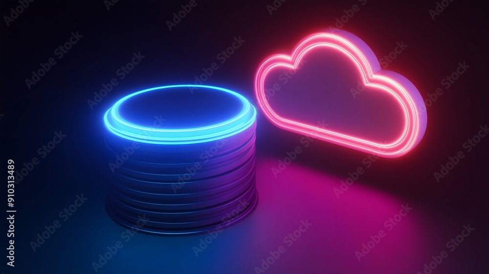 Poster futuristic neon concept with glowing cloud and disk representing cloud storage or computing technolo
