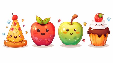 cute food items including a slice of pizza, a ice cream cone, an apple, and a cupcake