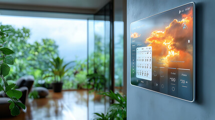 A telephoto angle photo of a smart mirror displaying weather updates and calendar events, with copy space