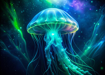 Naklejka premium Vibrant jellyfish illuminated from within, glowing with electric blues and greens, suspended in dark watery abyss, exuding an otherworldly aura of mystery and beauty.