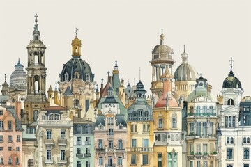 Fototapeta premium A city skyline with numerous tall buildings and skyscrapers, Illustrate the intricate architecture of a historic European city. AI generated