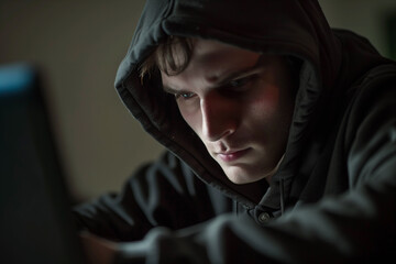 Hacker in Black Hoodie Working on Laptop in Low Light