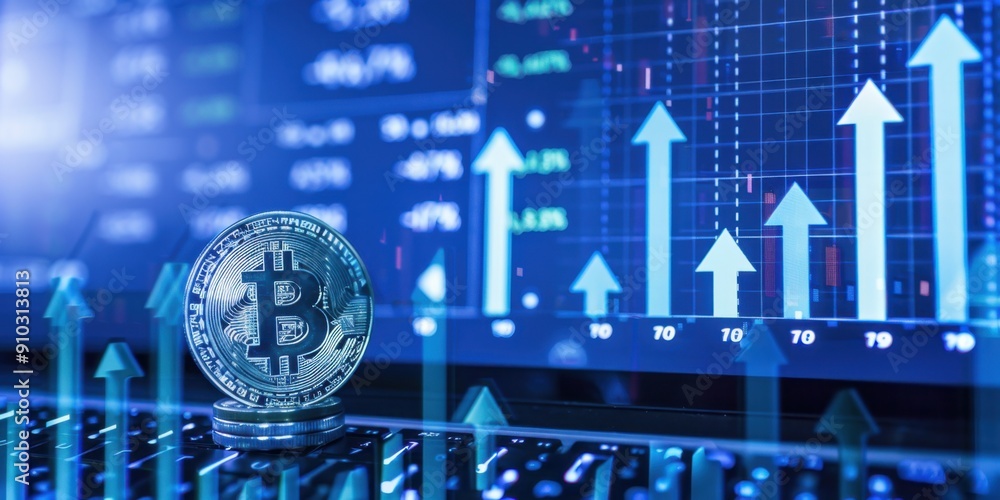 Poster the stock market graph shows arrows pointing up and down, with bitcoin displayed on a laptop screen 