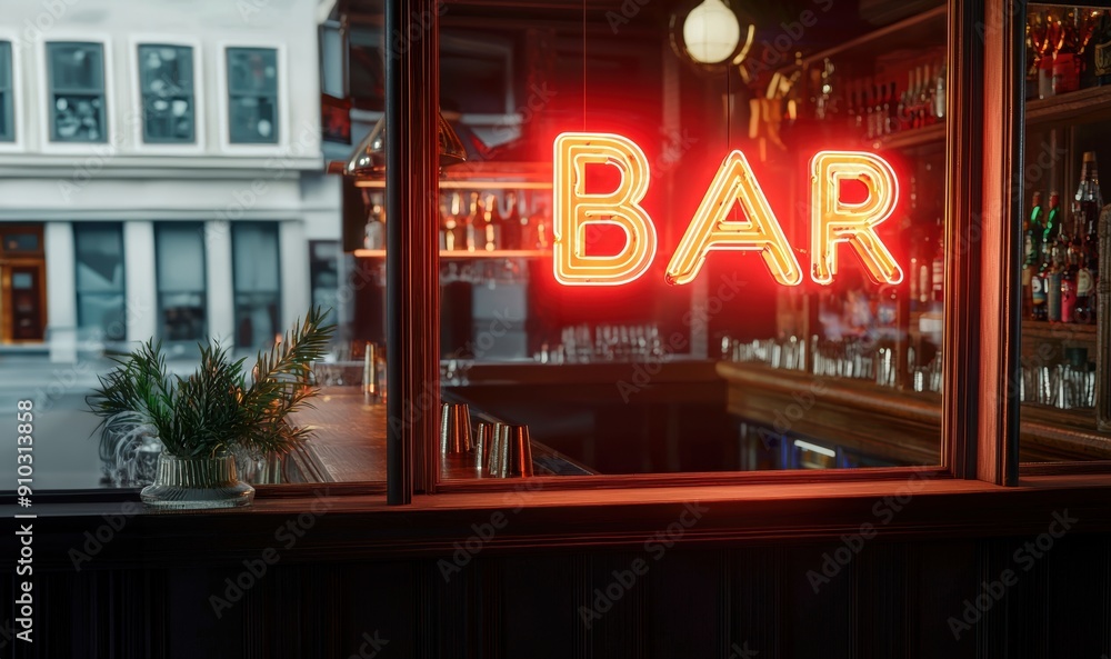 Poster retro style neon bar sign glowing in a window, creating a warm and inviting atmosphere inside the ba