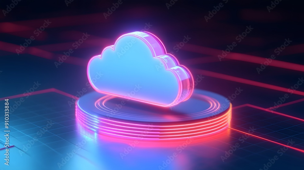 Poster futuristic neon-lit cloud computing icon representing modern digital technology and innovative data 