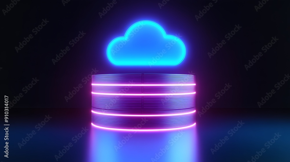 Poster futuristic neon-lit server with a glowing cloud icon, representing cloud computing and data storage 