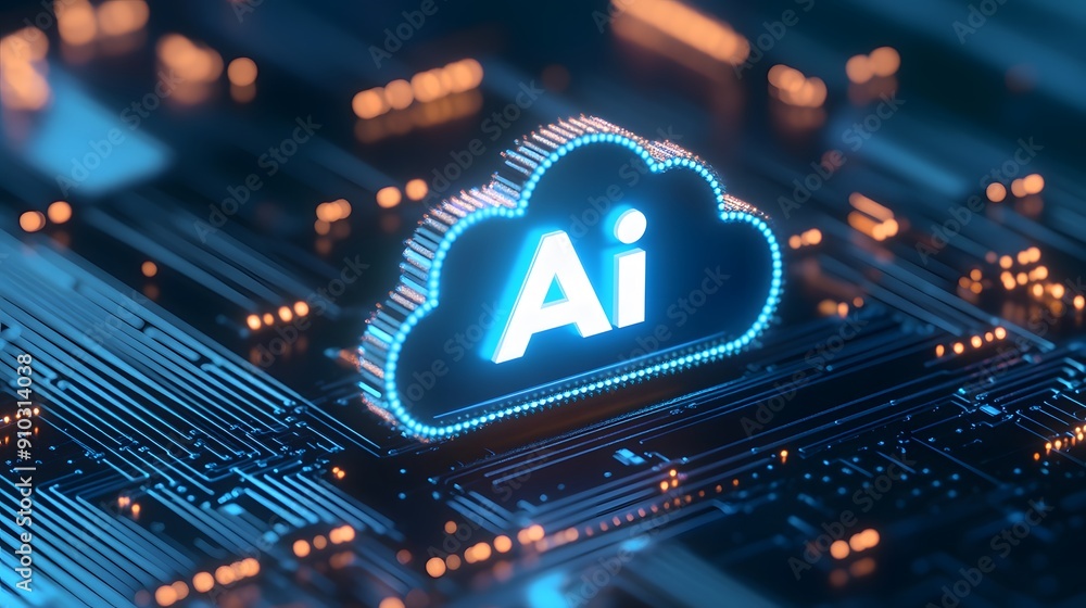 Poster futuristic representation of artificial intelligence concept with glowing ai symbol on a digital cir