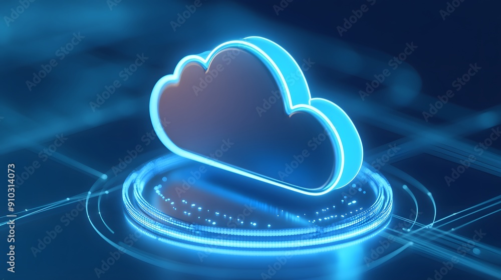 Poster futuristic representation of cloud computing technology with a glowing blue cloud icon. modern digit
