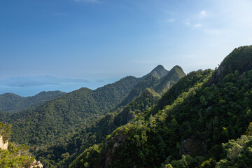 Fototapeta premium Landscape exposure from the Langkawi Sky Bridge, that provides amazing views for pedestrian as it passes through the mountain peaks, it is the world's longest curse suspension bridge, Malaysia.