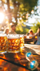 Golden beer, wooden table, green background, summer party, perfect for a refreshing drink. 
