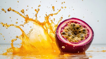 Passion fruit half in a splash of yellow juice.