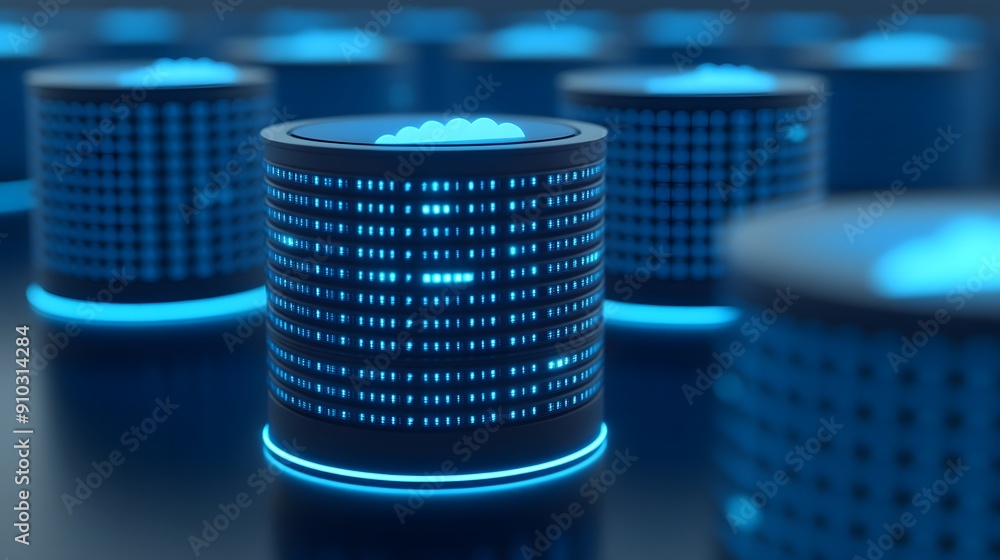 Poster futuristic server and data storage technology glowing in blue. modern data center design with high-t