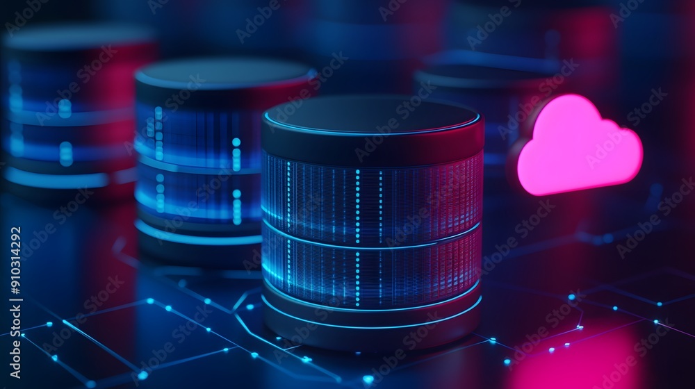 Poster futuristic server database with glowing blue and red lights, representing modern cloud computing and