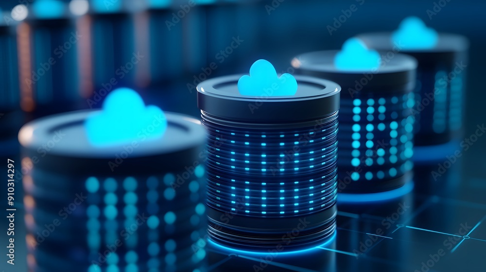 Poster futuristic server racks with glowing blue lights representing cloud computing technology in a modern
