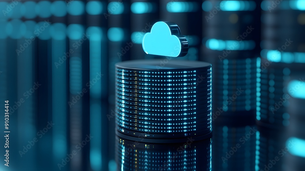 Poster futuristic server room with glowing lights and cloud data storage concept. digital technology for se