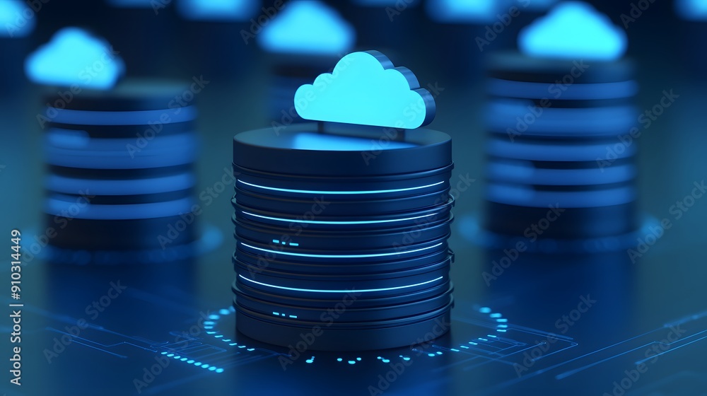 Poster futuristic server stacks with cloud icons representing cloud computing, data storage, and technology