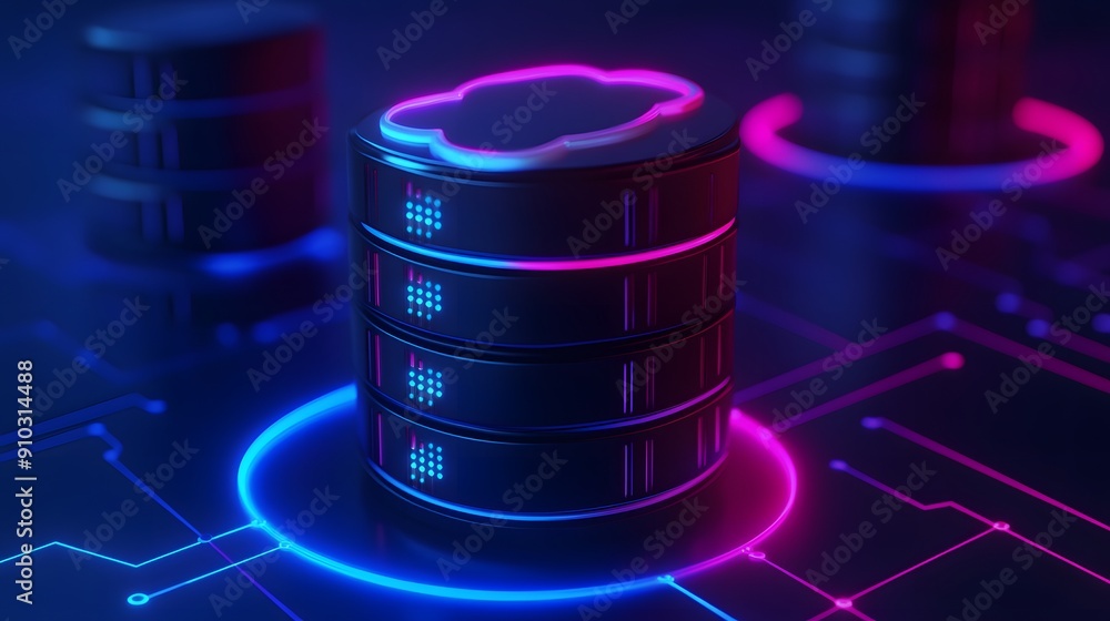 Poster futuristic server technology visual, representing cloud storage and data processing in a digital neo