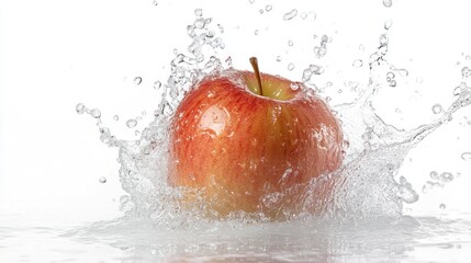 Red apple splashing into water, creating a crown of water droplets.