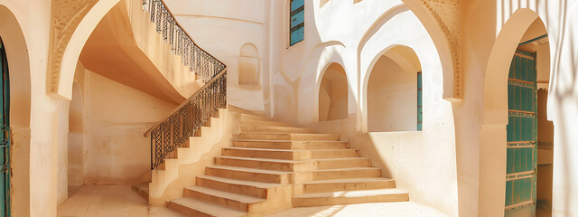 White walls, green door, and a winding staircase create a sense of mystery and intrigue in this Moroccan courtyard. 
