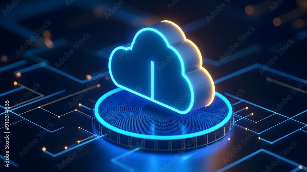 Poster glowing blue cloud icon representing cloud computing and data storage, over a digital circuit board 
