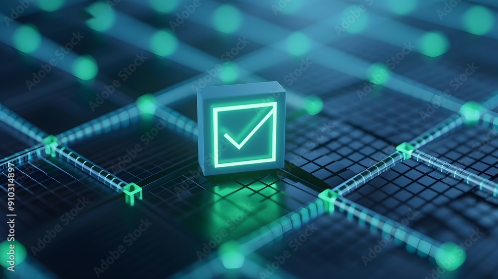 Poster glowing checkmark icon on a futuristic grid representing network security, technology, and digital v