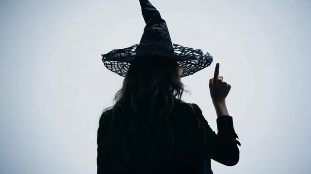 Witching Hour at Halloween with a beautiful woman dressed as a witch standing backwards and pointing at copy space, isolated in white background with empty space for text. Generative AI