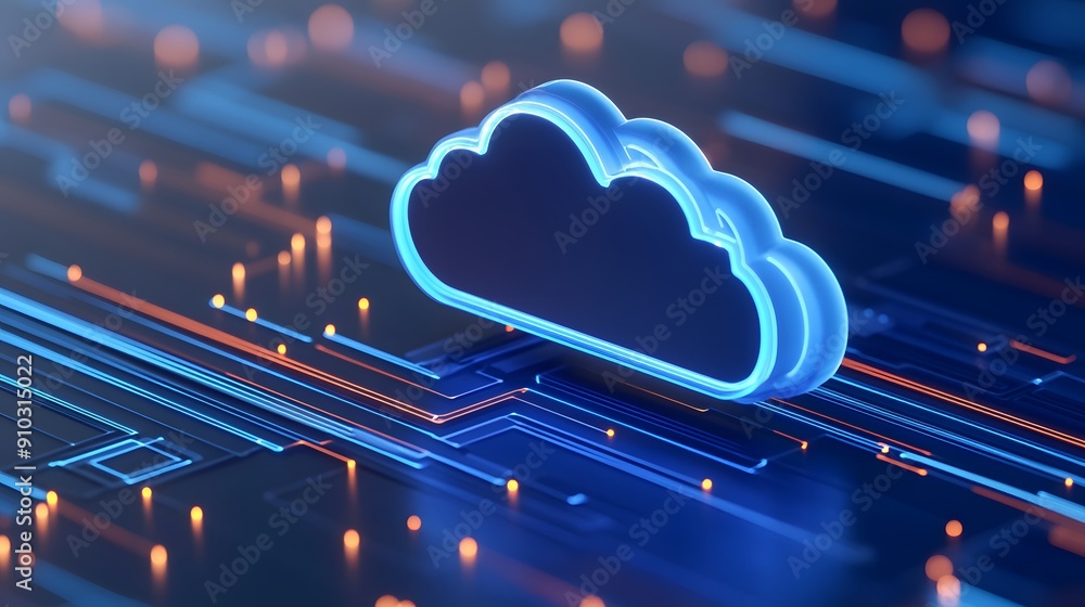 Poster glowing cloud icon on futuristic circuit board representing cloud computing, data storage, and techn