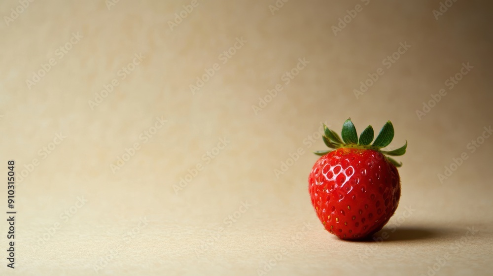 Poster Single red strawberry with green leaves on a light brown background.