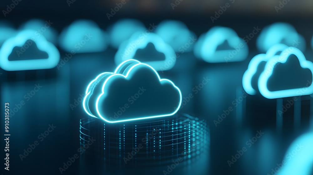 Poster glowing cloud icons symbolizing cloud computing technology, data storage, and digital networking on 