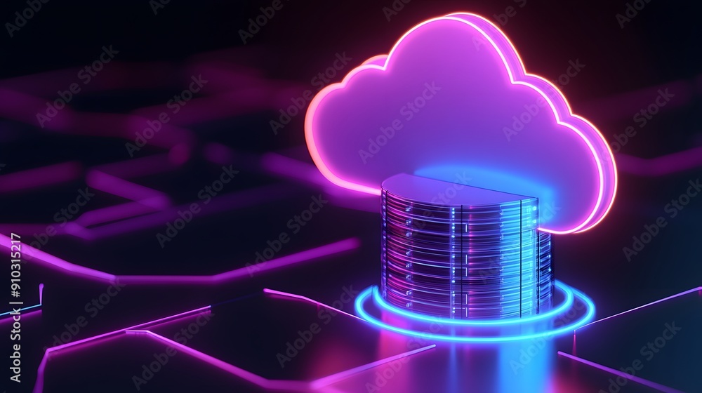 Poster glowing neon cloud computing and data storage concept with futuristic digital elements. secure cloud