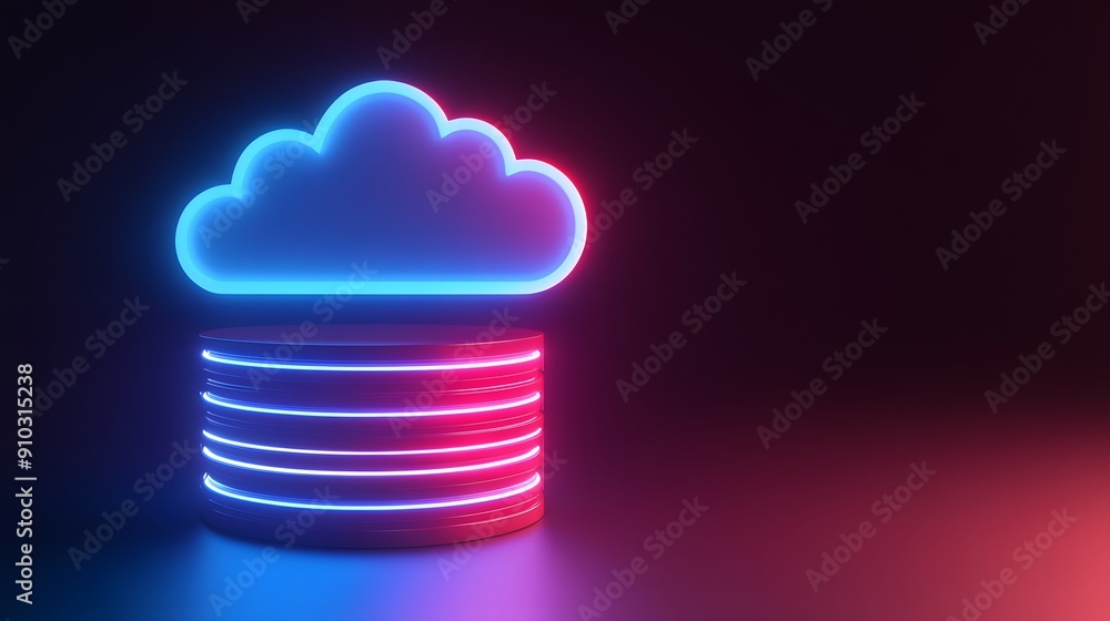 Aufkleber glowing neon cloud computing data storage icon in dark futuristic setting, representing digital tech