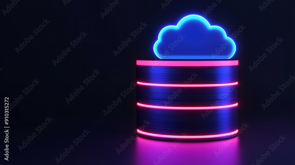 Aufkleber glowing neon cloud data storage symbol on dark background. futuristic technology and data server con