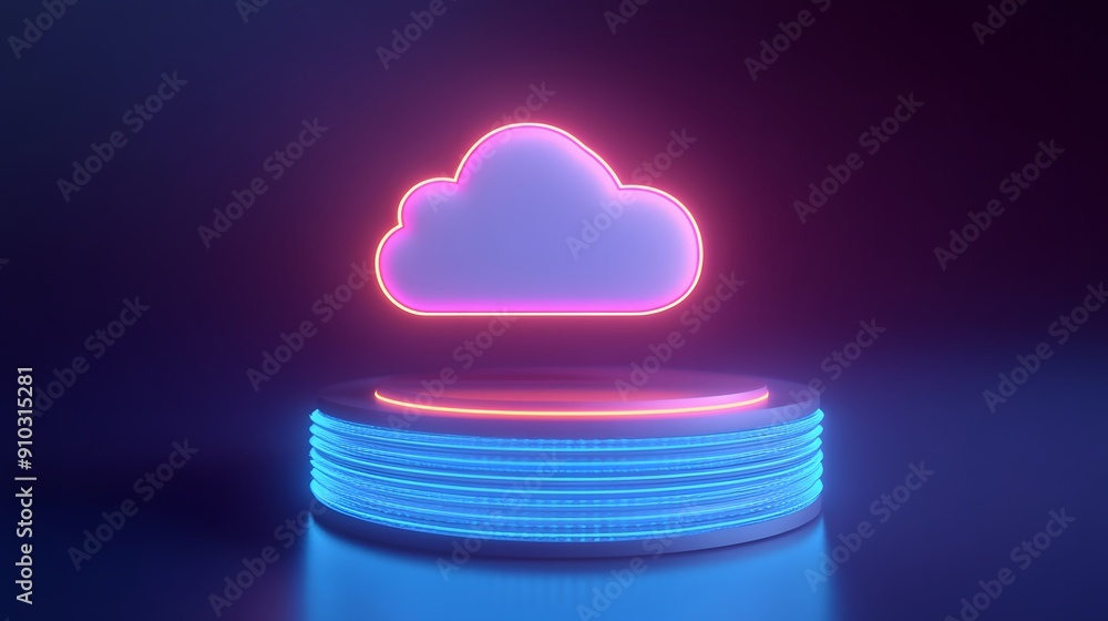 Aufkleber glowing neon cloud icon above circular platform in futuristic tech scene. modern cloud computing con