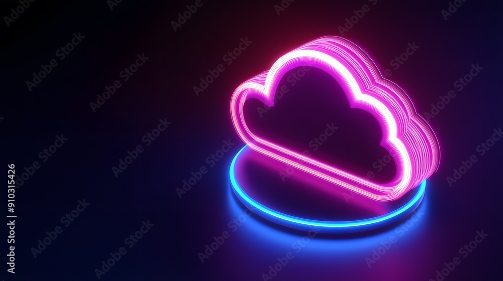 Poster glowing neon cloud icon on a dark background representing cloud computing technology and modern digi