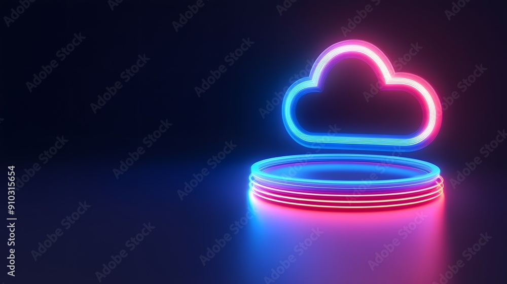 Poster glowing neon cloud icon with circular platform, symbolizing modern cloud technology and data storage