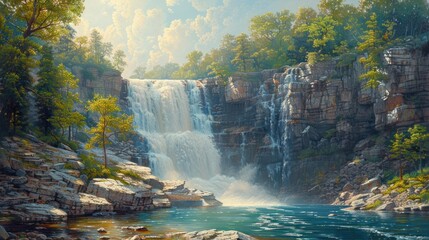 Majestic Waterfall in the Lush Forest