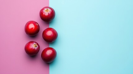 Five red apples on a pink and blue background.