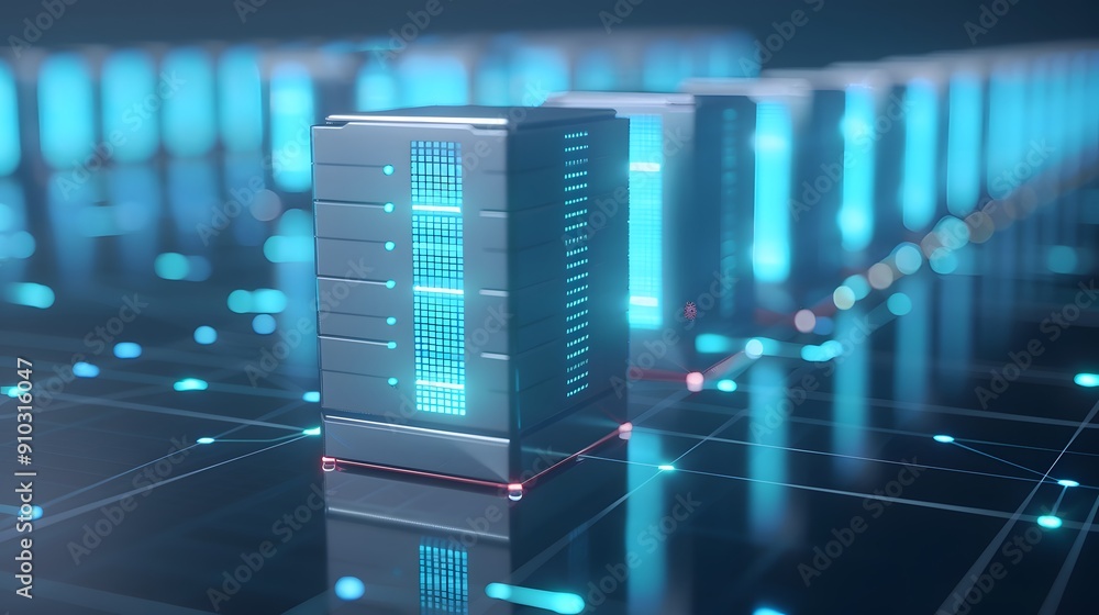 Poster high-tech server racks in a data center with blue led lights and a futuristic appearance, showcasing