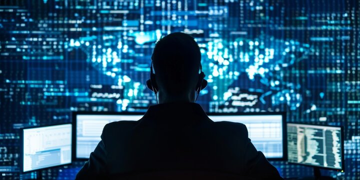 Back view of a network security analyst.