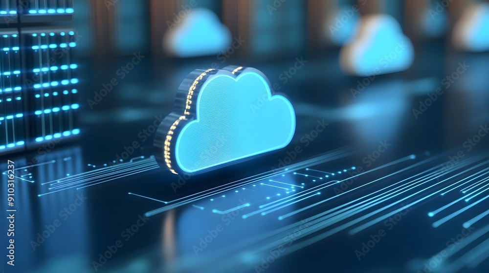 Poster illustration of cloud computing technology, digital data storage, and network connections in a futur