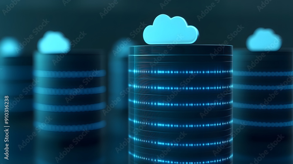 Poster illustration of cloud computing and data storage concept with glowing server towers and cloud icons 