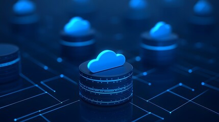 Illustration of cloud computing technology with glowing blue cloud icons on digital servers. Futuristic data storage and internet concept.