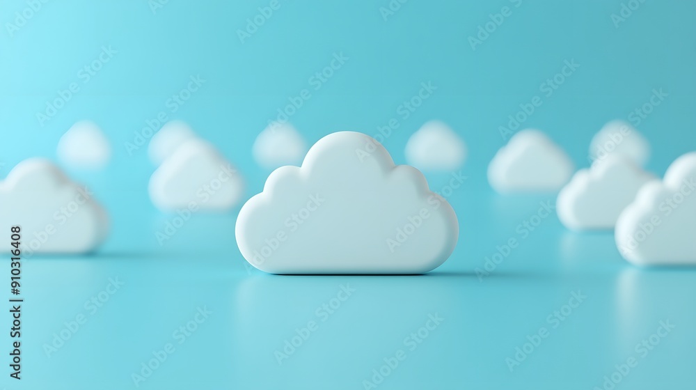 Poster minimalistic 3d rendering of white clouds on a blue background, symbolizing cloud computing, innovat