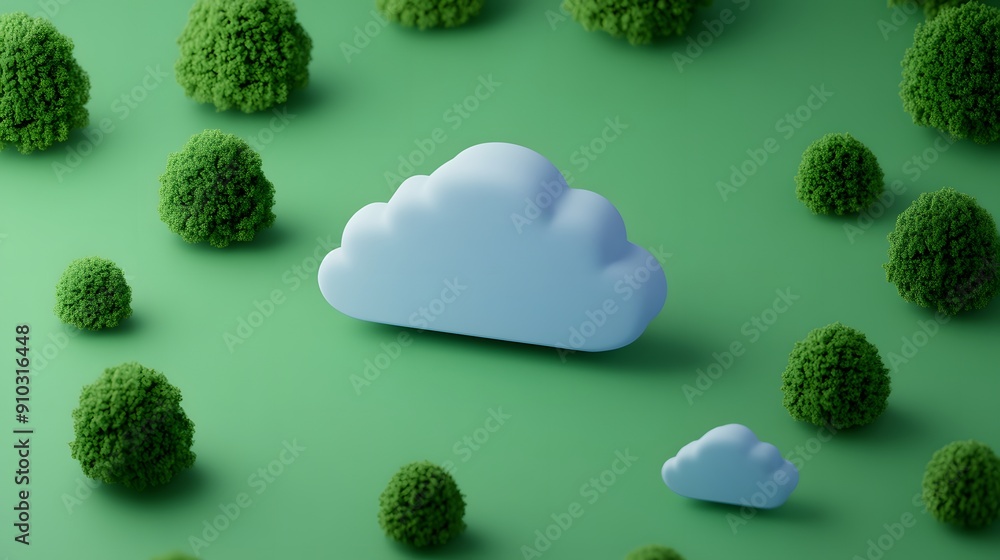 Poster minimalistic scene of green bushes and white cloud-shaped objects on a green background, creating a 