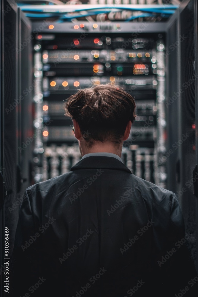 Aufkleber back view of a professional ensuring network security.