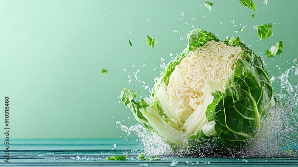 Poster Fresh cabbage splashing into water with green background.