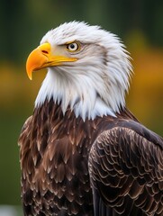 Obraz premium A clear shot of a bald eagle's feathers and beak, with a blurred background