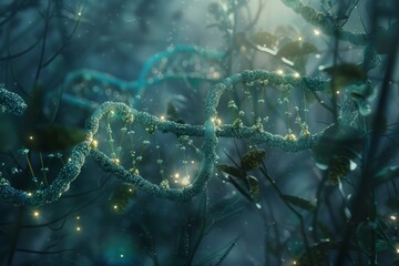 Genetic engineering breakthroughs, Glowing DNA strand on black background, AI generated